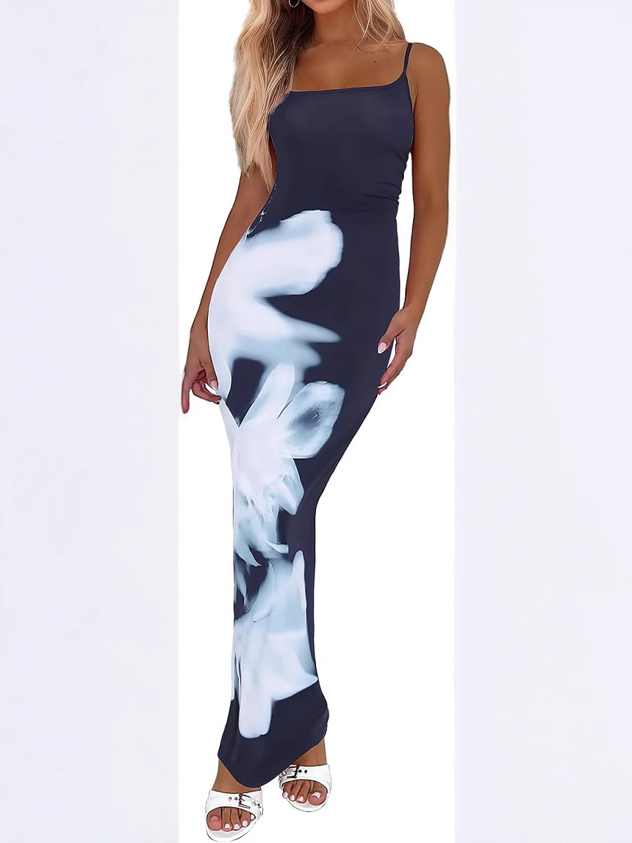 Picture of Autumn 2025 New Elegant Temperament Tight Low-cut Contrast Color Rose Print Design One Step Sling dress