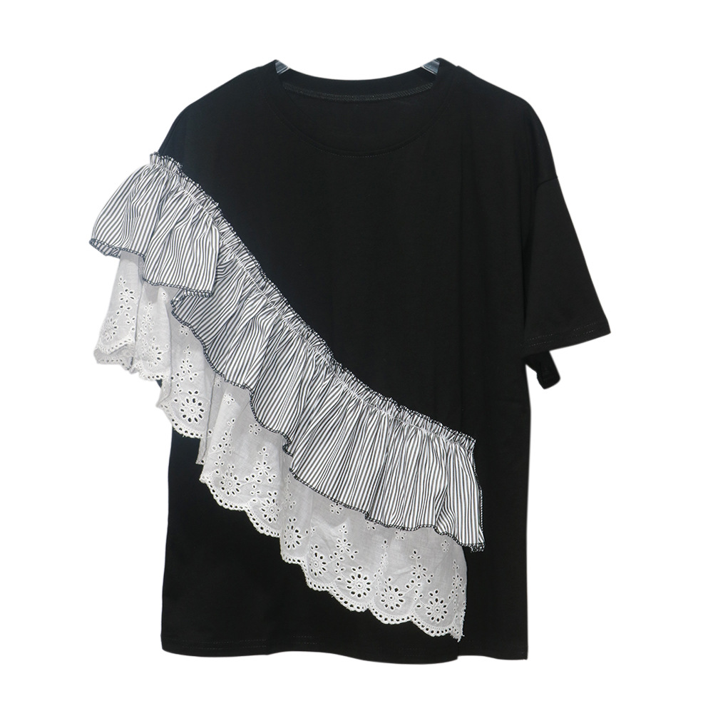 Picture of 240703 Summer New T-shirt Stitching Striped Lace Design Sense Niche All-match Unique Chic Tops