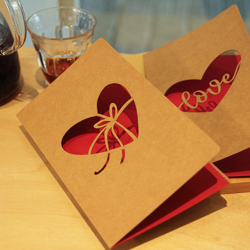Picture of Retro Kraft Paper Laser Cut Out Heart with Envelope Teacher's Day Thank You Card Greeting Card High-End Valentine's Day Greeting Card