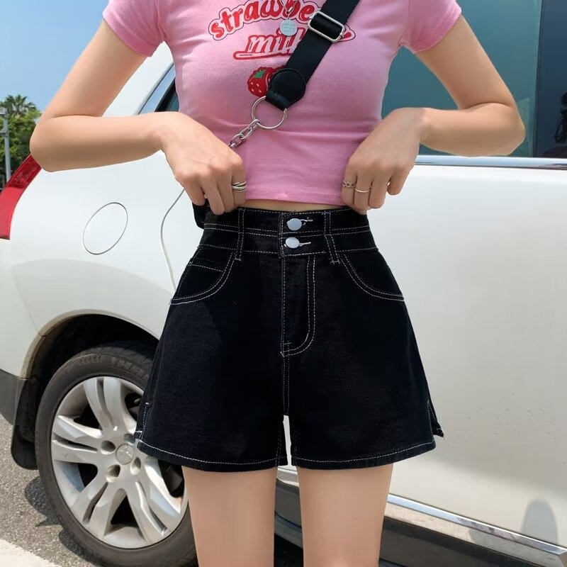 Summer Black Double Buckle Denim Shorts Women's High Waist Slimming Split Loose Wide Leg Fashionable A- line Hot Trendy Hot Pants