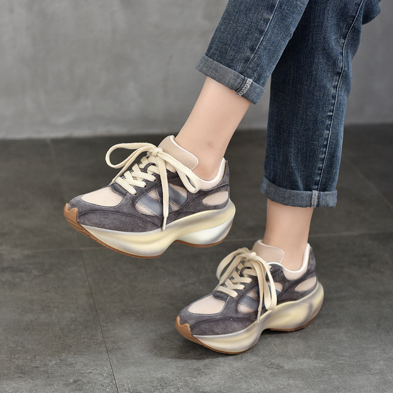 Spring 2025 New Genuine Leather Sports Casual Women's Shoes Thick Sole Lightweight Color-block Low-top Women's Single-layer Shoes Women's Mesh Shoes