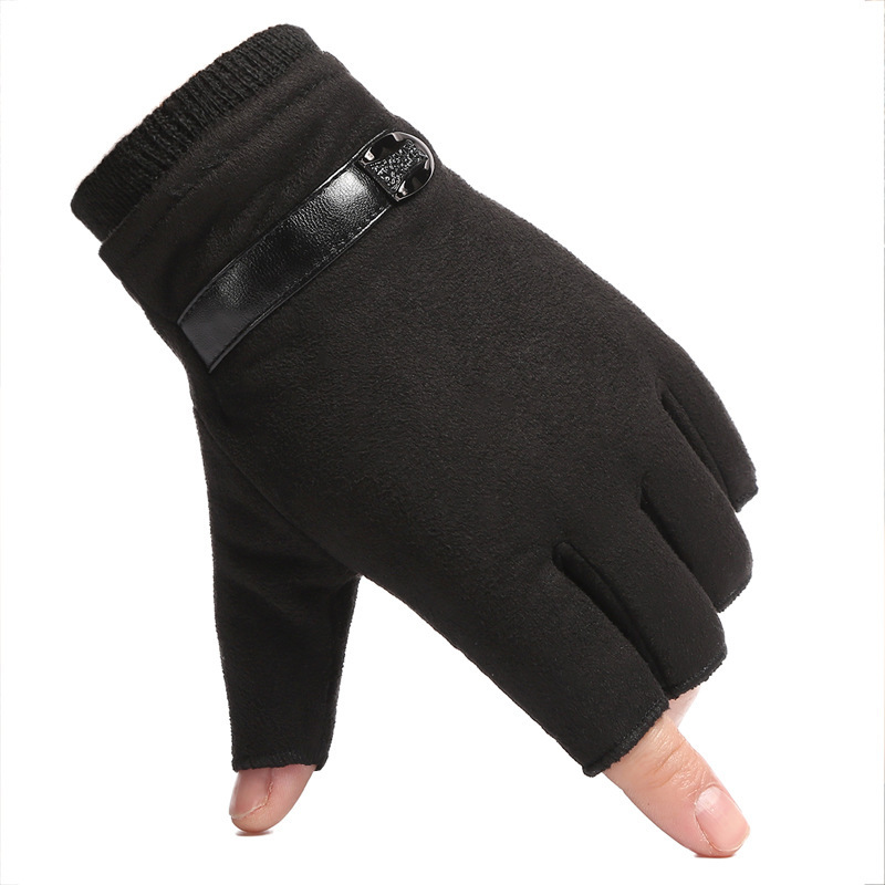 Suede gloves men's riding gloves half finger autumn and winter plus velvet warm outdoor riding running students