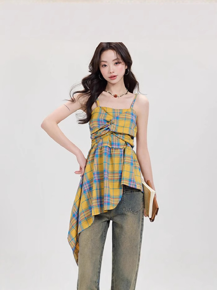 American Style Retro Irregular Yellow Plaid Camisole Vest Women's Summer Seaside Spice Girl's Split Waist Outer Wear Top