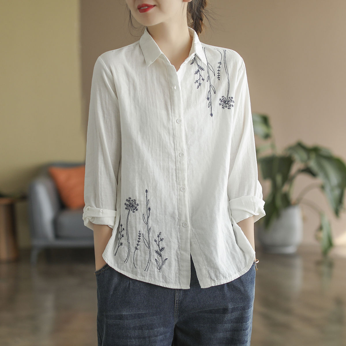 2024 Spring Cotton Top Simple Artistic Women's Long Sleeve Shirt Loose Floral Embroidery Blouse