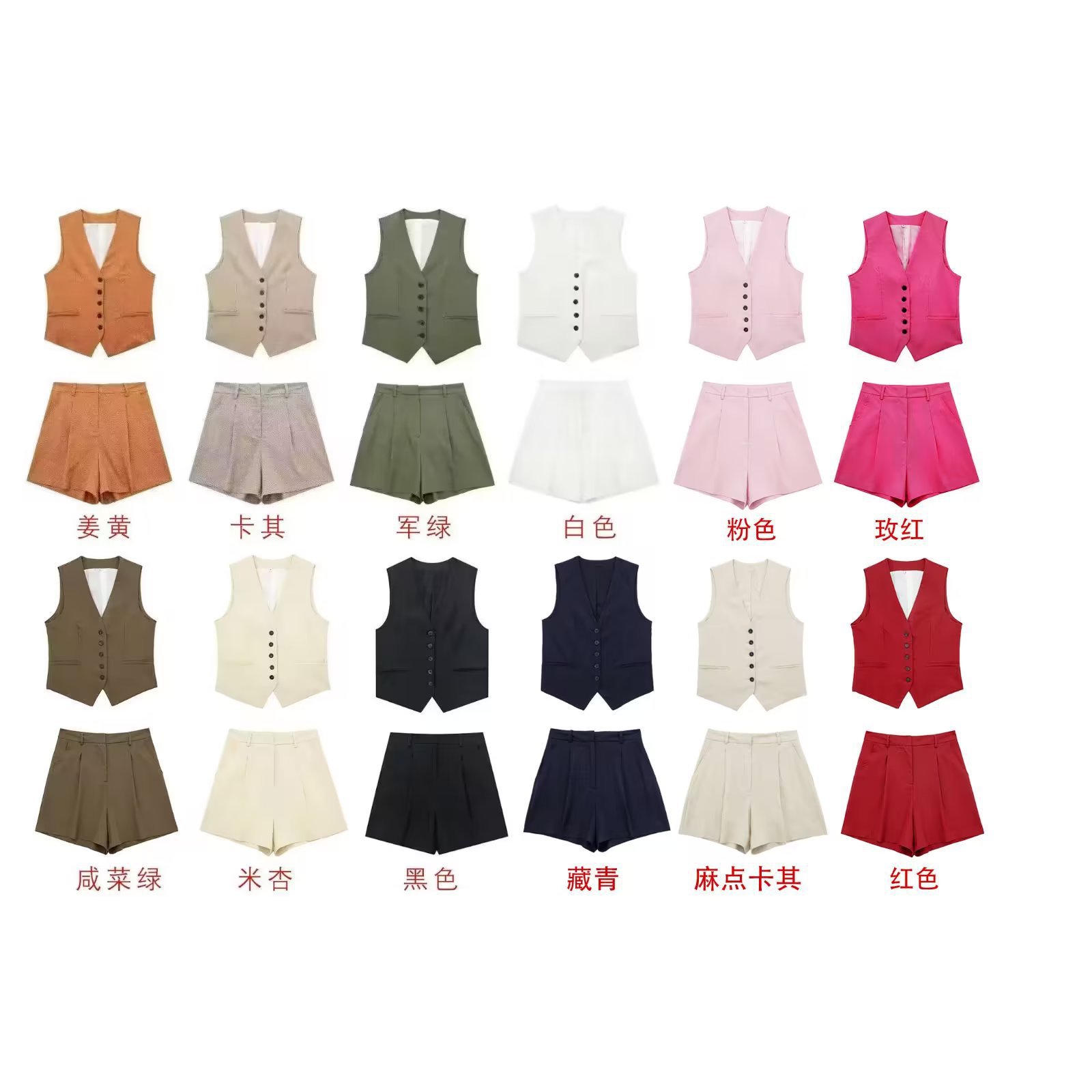 2023 Spring New European and American Simple Style Women's Sub-Dark Green Linen Blended Vest + Pleated Shorts