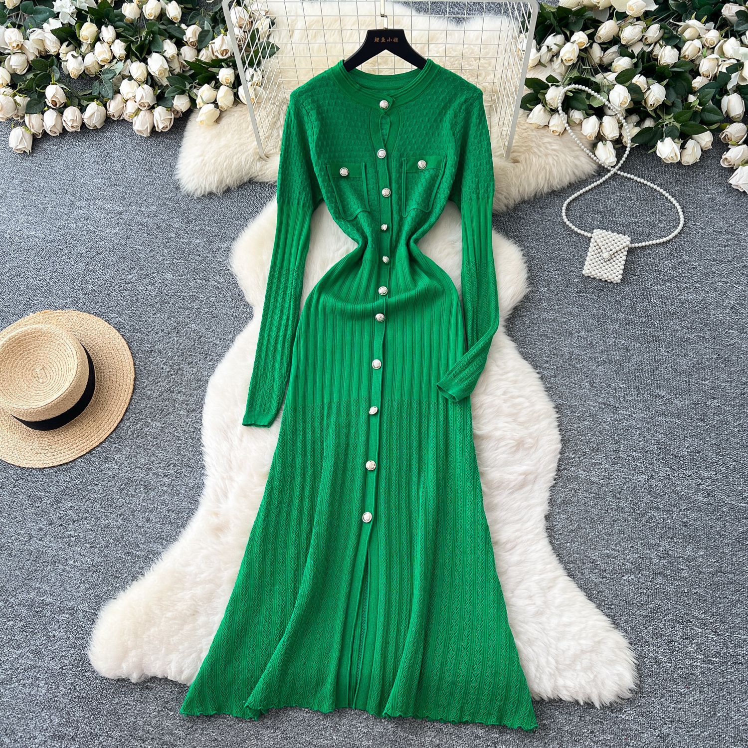 2025 Spring and Autumn New Fashion Stretch Knit Crew Neck Sleeveless Slim Temperament Versatile Single-Breasted Women's Dress