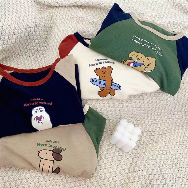 Picture of Pure Cotton Kidsren's Long-Sleeved T-Shirt 2025 Autumn New Boys and Girls Cartoon Contrasting Color Bottoming Shirt Baby Korean Style Cotton Top T-Shirt