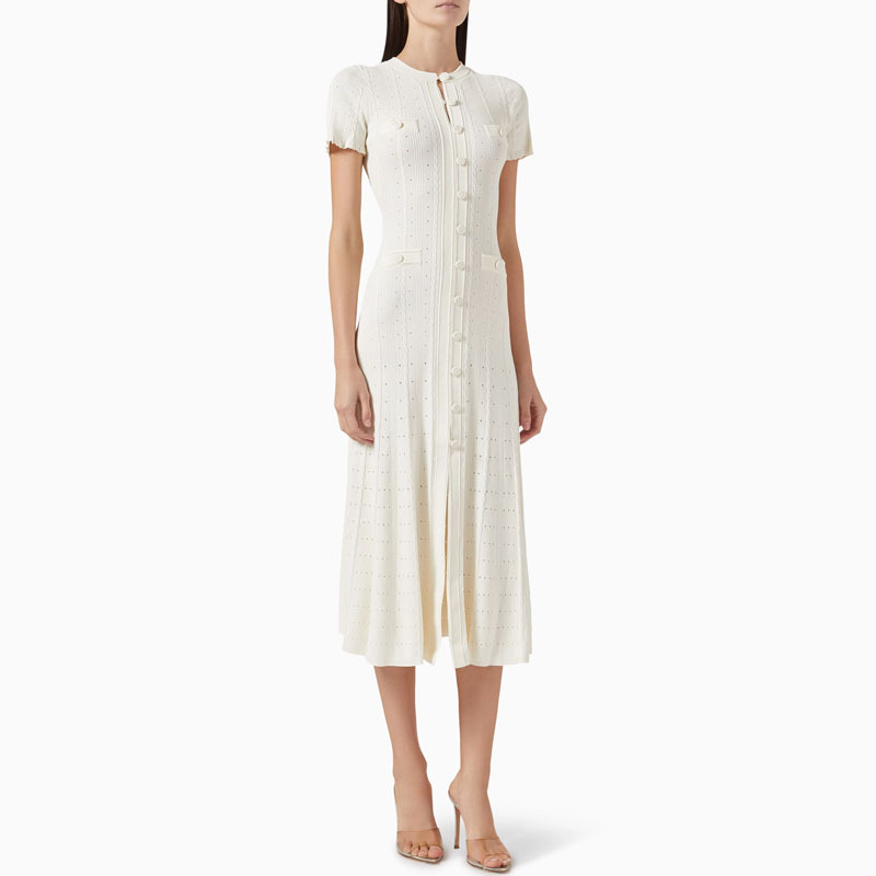 Short-Sleeved Sweater Dress with Hollow Design, Solid Color Long Skirt, Elegant Side Slit Knitted Dress