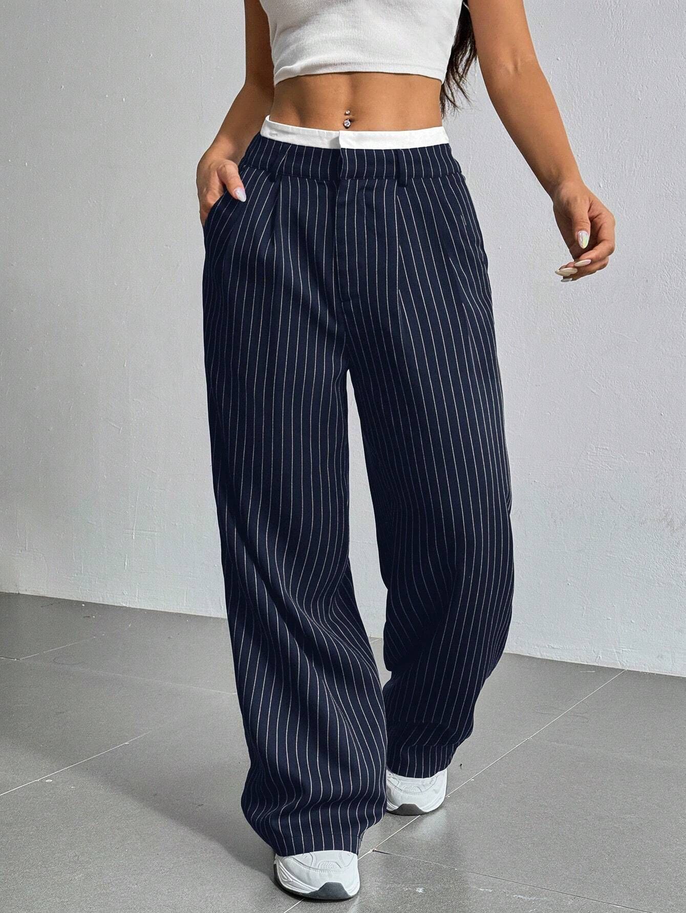 Picture of 2025 Spring and Summer New Cross-border Design Sense Pants Casual High Waist Stitching Pants Simple Dosing Sense Loose Straight Leg Pants