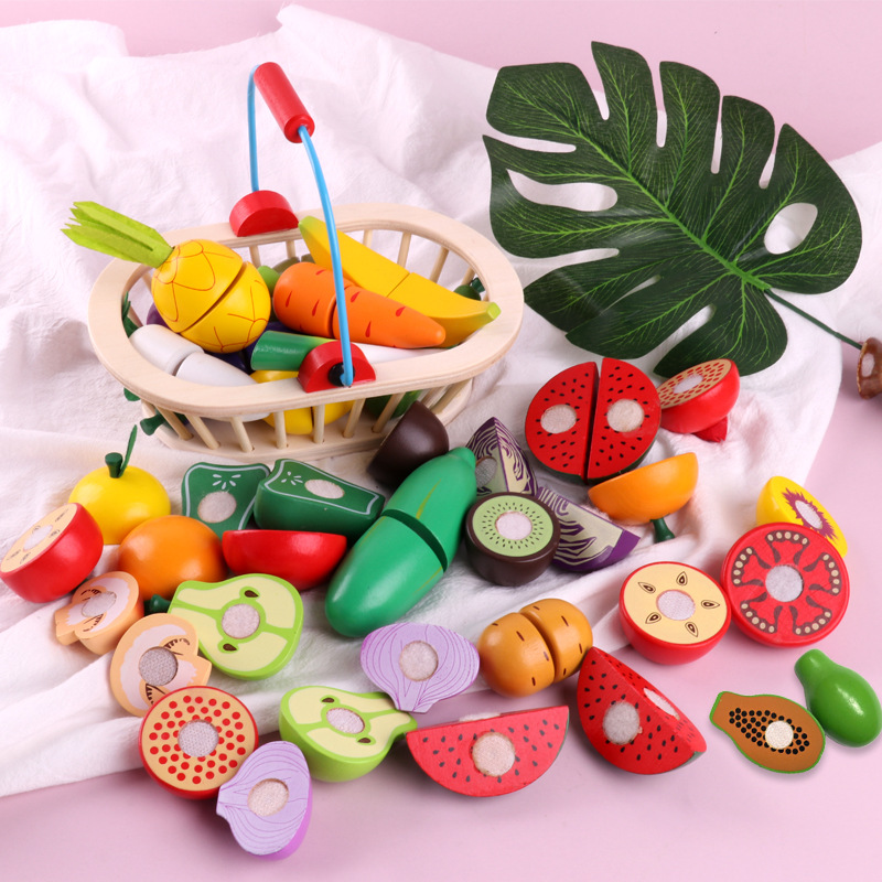 Wooden Children's Play-house Simulation Fruit and Vegetable Cutting Music Baby Kitchen Cutting Watch Game Vegetable in stock
