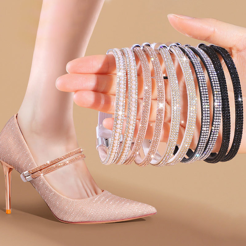 Anti-fall Heel lace-up high heels non-heel installation-free lace-up multi-color rhinestone anti-fall elastic fixing belt