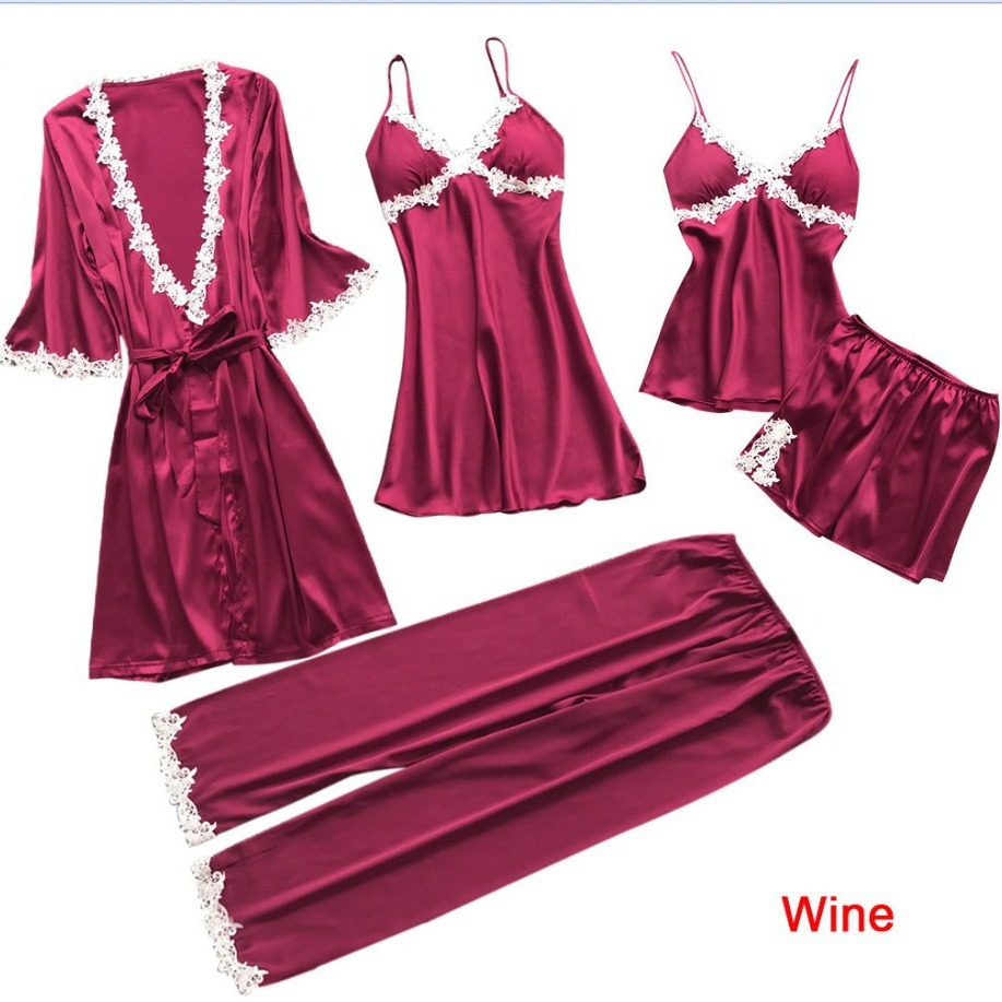 2019 European and American sexy five-piece pajamas women's summer mid-sleeve bridal morning gown large size home clothes nightgown bathrobe wholesale