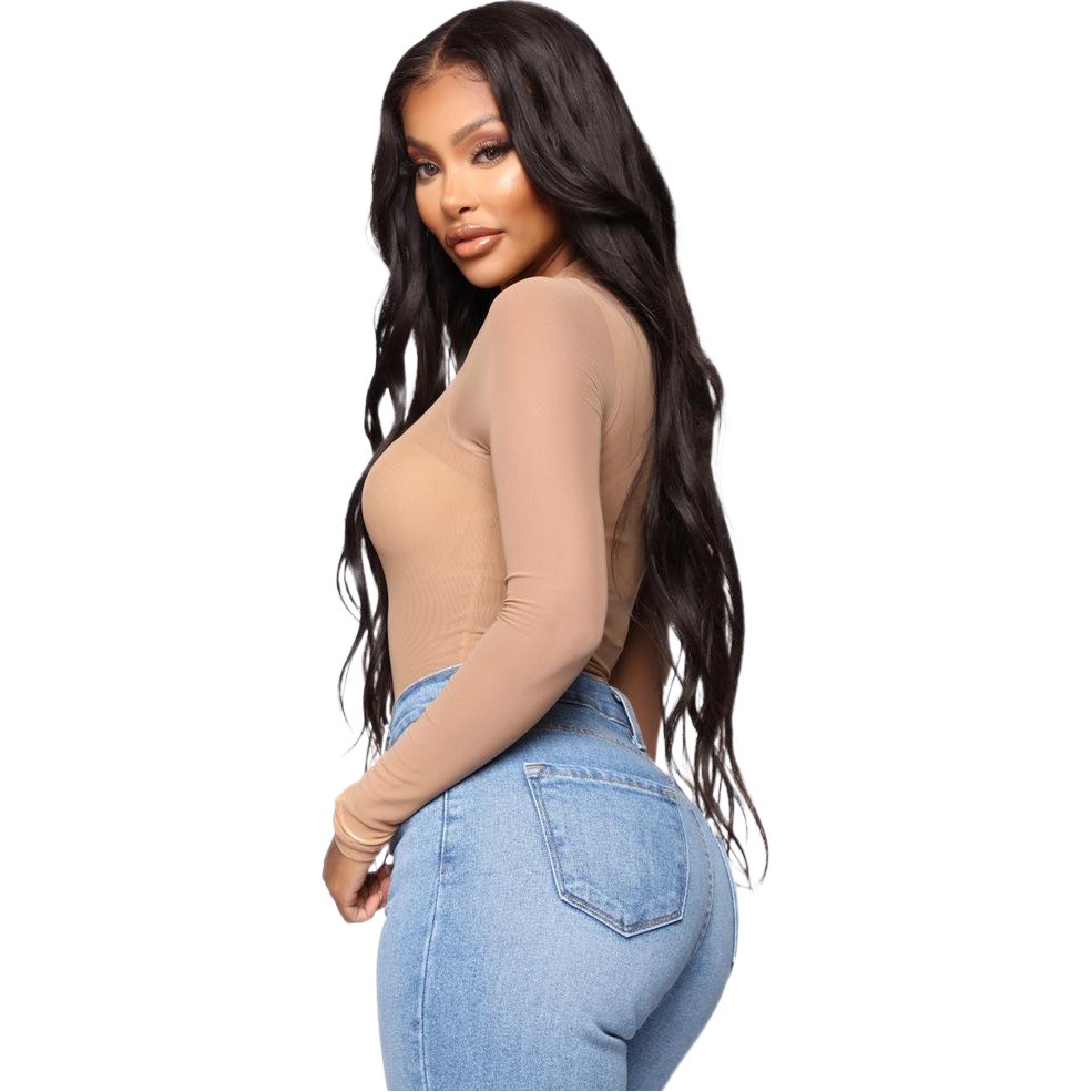 Wholesale European and American women's sexy one-piece pajamas new lace perspective sexy underwear comfortable long sleeve slim home clothes