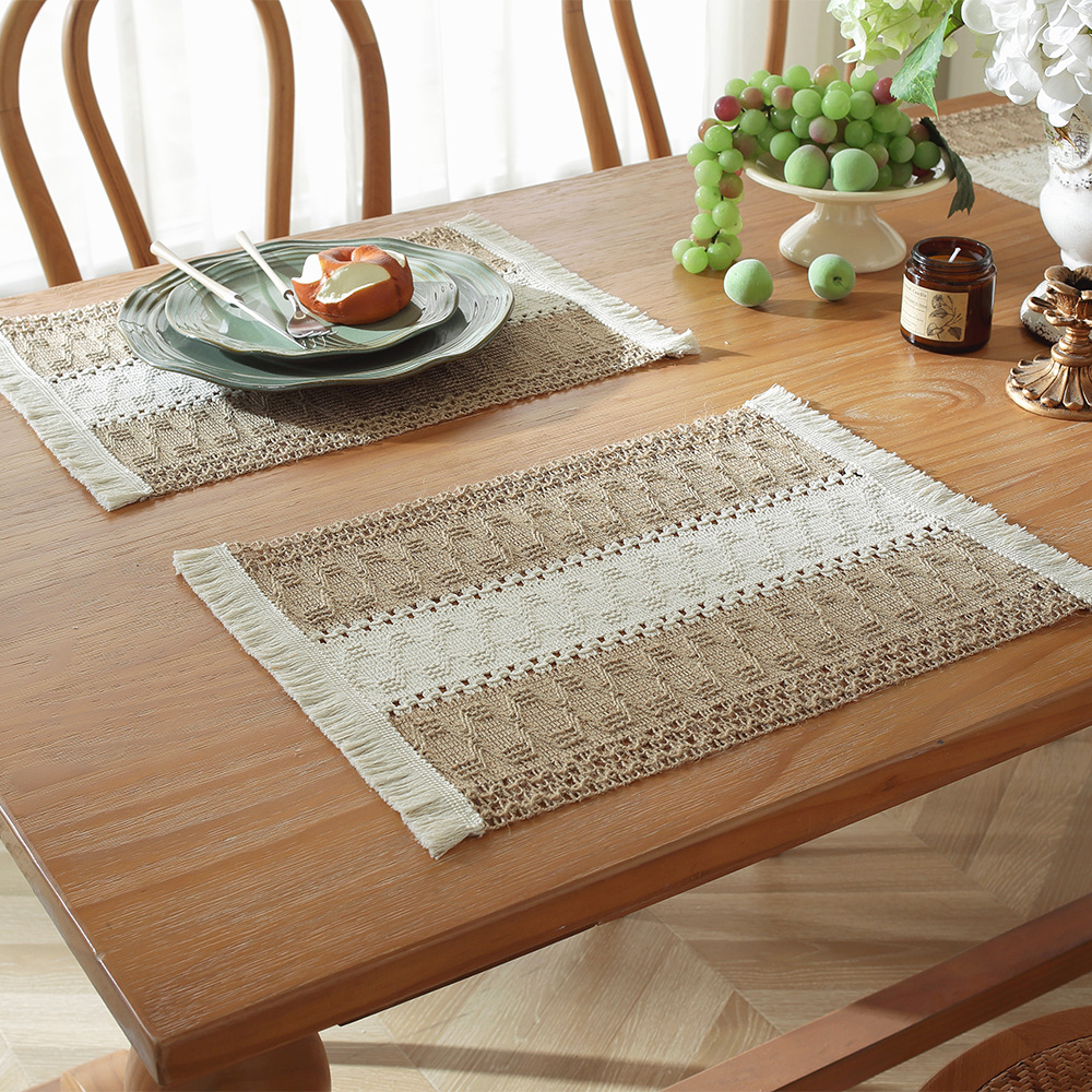 Picture of Amazon new cotton and hemp rope placemat holiday placemat woven color matching striped tassel bowl mat spot wholesale