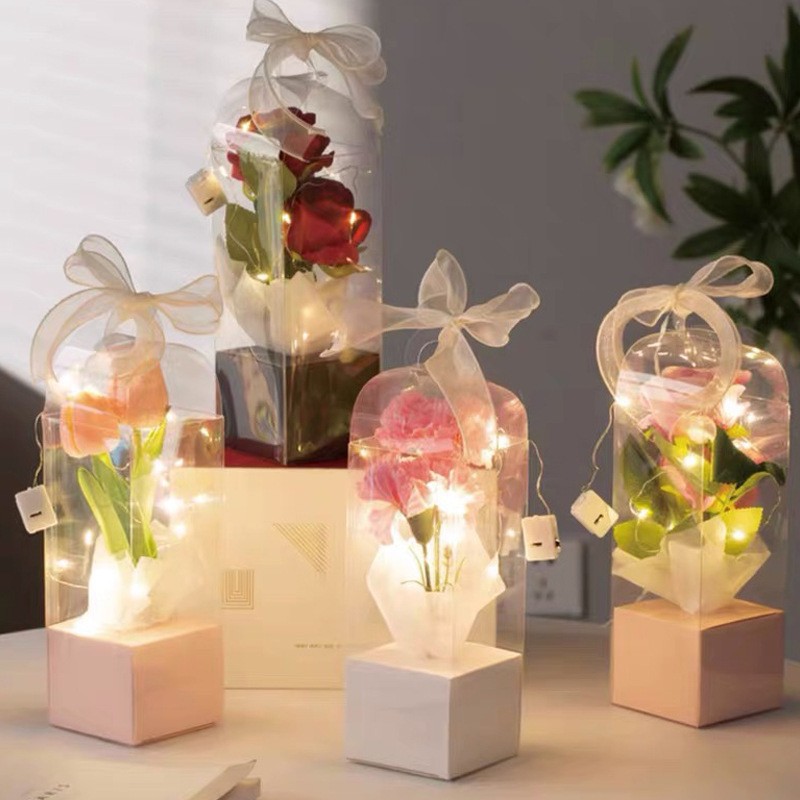 Christmas Flower Box Eternal Flower Packaging Box Portable Transparent Lighthouse Flower Arrangement Pvc Single Rose Bouquet Packaging