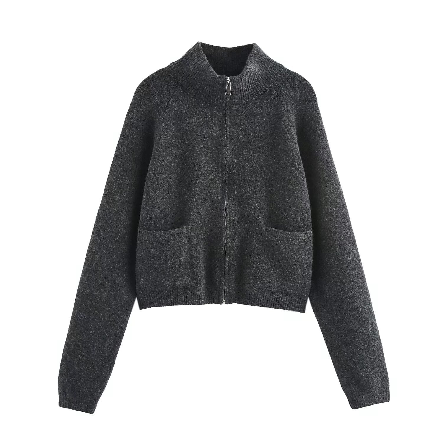 ZA cross-border women's clothing wholesale European and American style fashion simple stand collar zipper knitted cardigan sweater coat 5536181