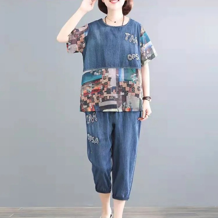 Cross-border Casual Fashion Suit Women's 2023 Summer New Arrival Retro Mother's Short Sleeve Top Harlan Pants Two-piece Set