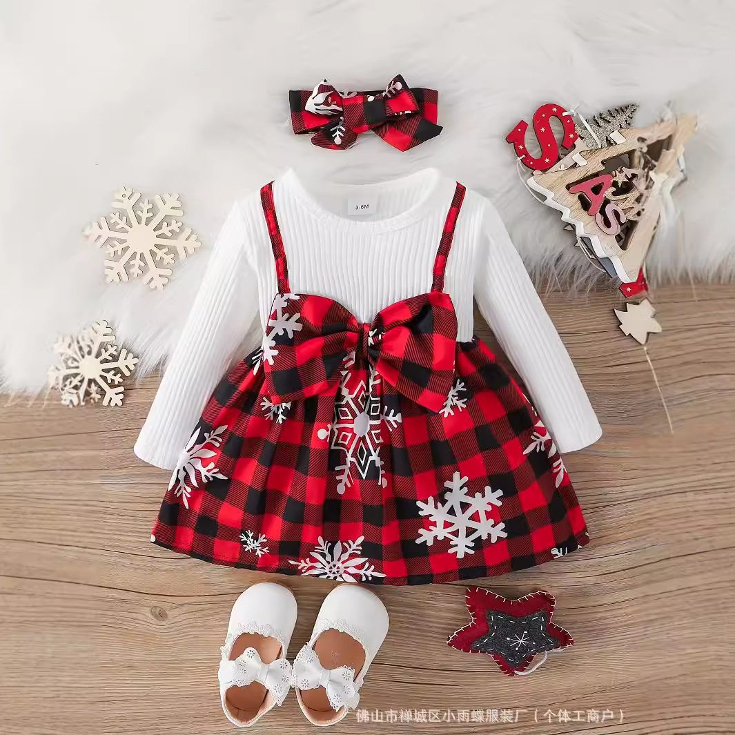 Cross Border INS Amazon Baby Girl Christmas Cute Bow Snowflake Print dress Turban Two-Piece Set