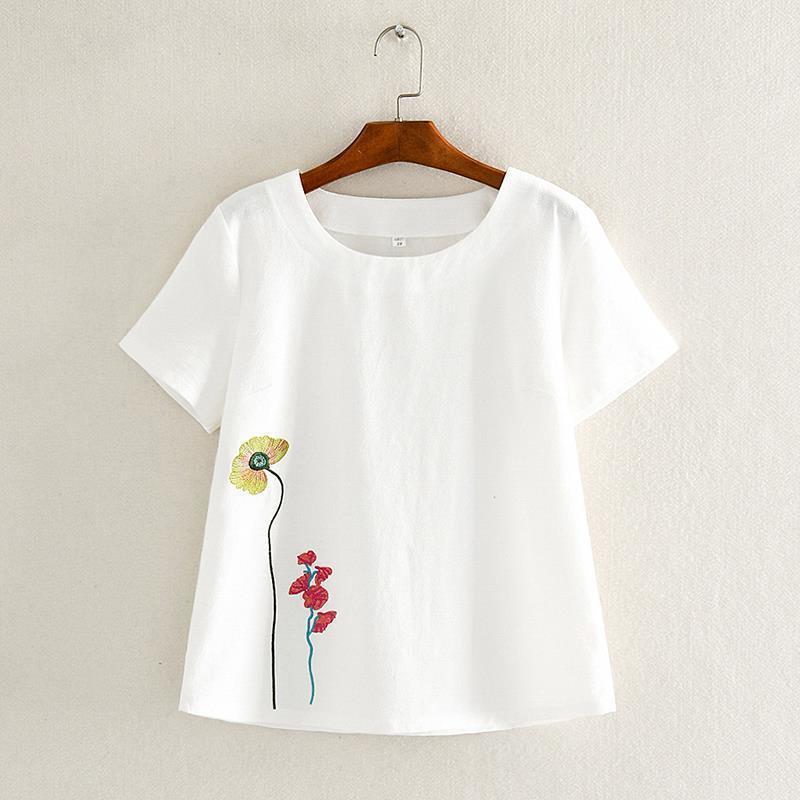 Women's cotton and linen embroidered short-sleeved T-shirt, loose summer new retro middle-aged plus size top, women's T-shirt