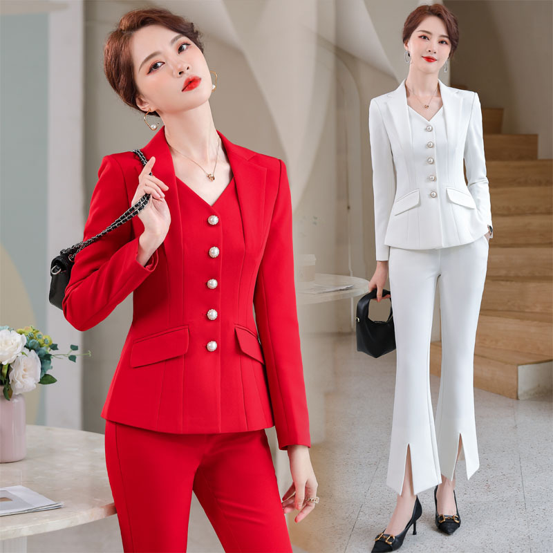 Long-sleeved Fashion Slim-fit Slimming Women's Trousers Suit plus size White Solid Color Work Uniform Red Jacket Suit