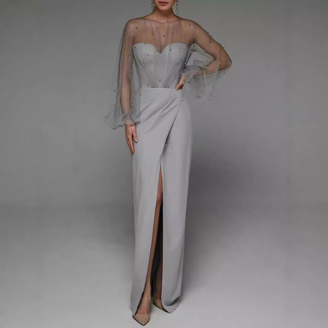Gauze high-waisted slim-fit dress Strapless Pearl Long Sleeve Mesh European and American Dress Women
