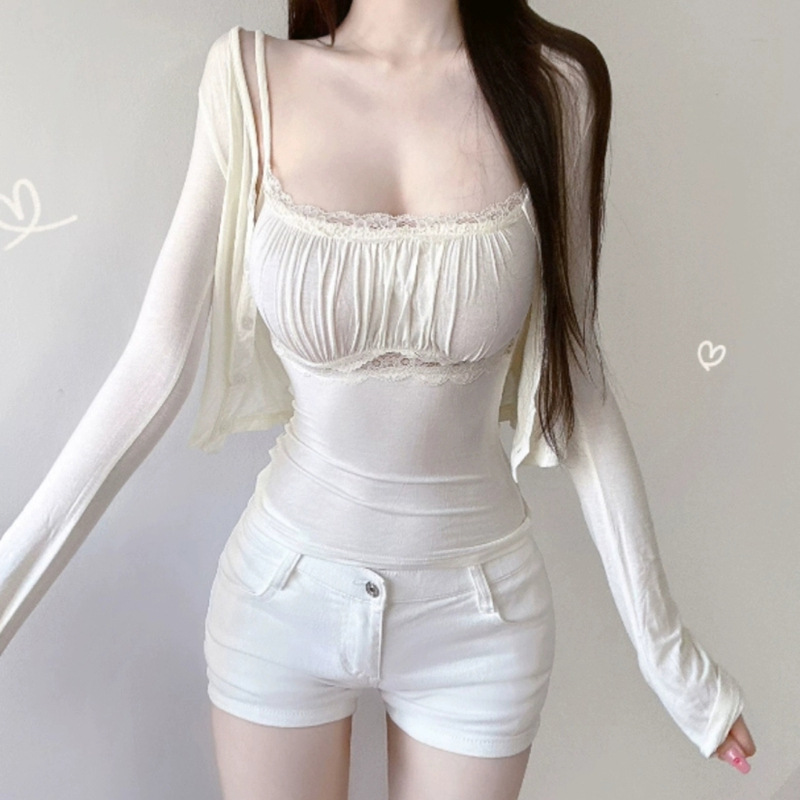 South Korea's Dongdaemun Spring and Summer New Style Figure-Showing Lace Splicing Suspenders + Long-Sleeved Sun Protection Cardigan Two-Piece Set