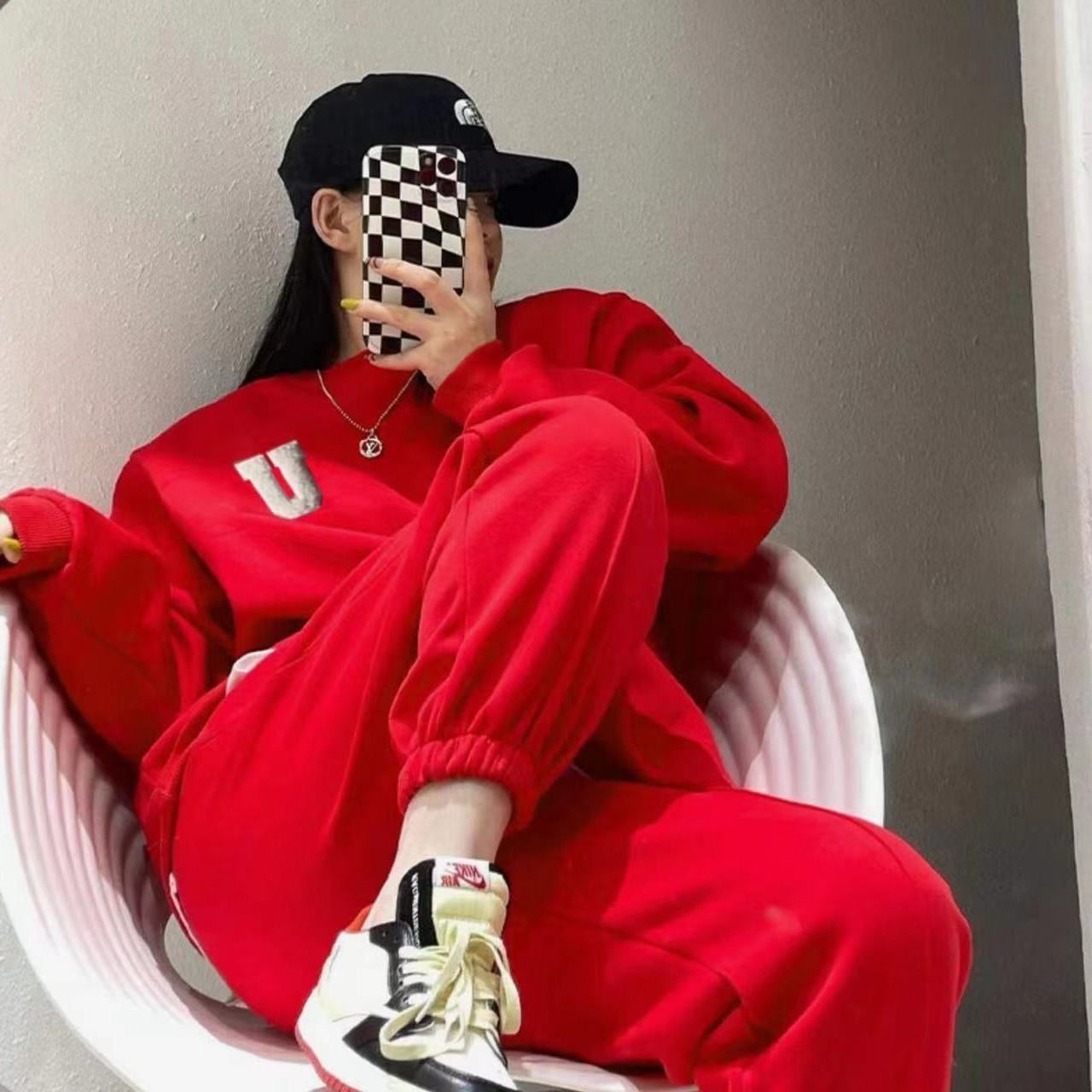 2023 European Spring and Autumn new casual sports suit fashion sweater women's loose plus size fried street pants two-piece set
