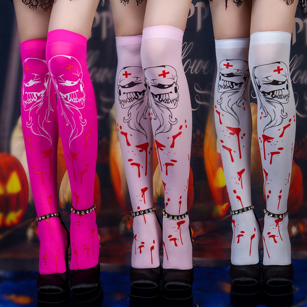 Small leg socks fashion stockings thin summer anti-hook silk knee-high black silk party printing saints