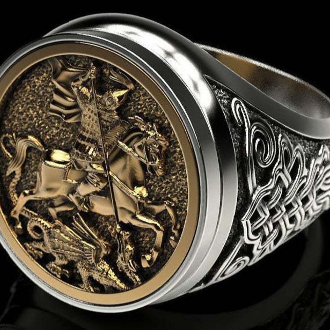 Picture of Huajie Unique Sovereign Men's Ring Saint George Portrait Plated 925 Two-Tone Roman Soldier Dragon Ring
