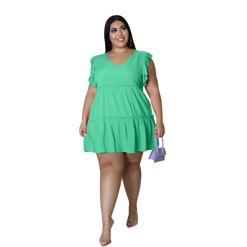 Picture of 2022 Summer New European and American Plus Size Women's Solid Color Casual V Neck Sleeveless Ruffled Pleated Short Dress