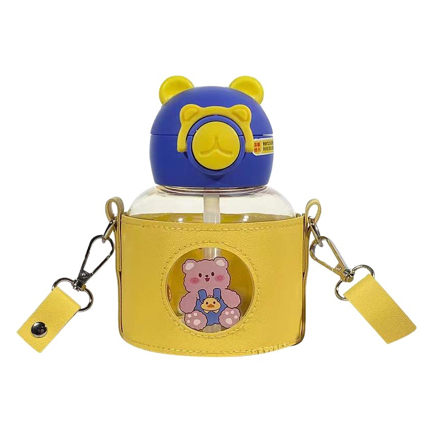Leather Case Big Belly Cup with Straw Portable Drop-resistant Children's Suction Tube Cup Girl's High-value Plastic Baby Water Cup