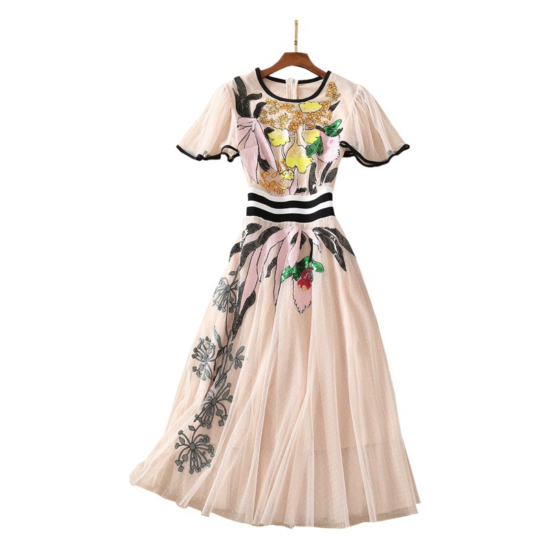 European and American Style 2024 Spring and Summer Export Women's Clothing Round Neck Short-Sleeved Heavy Industry Mesh Embroider Beaded Dress for Women