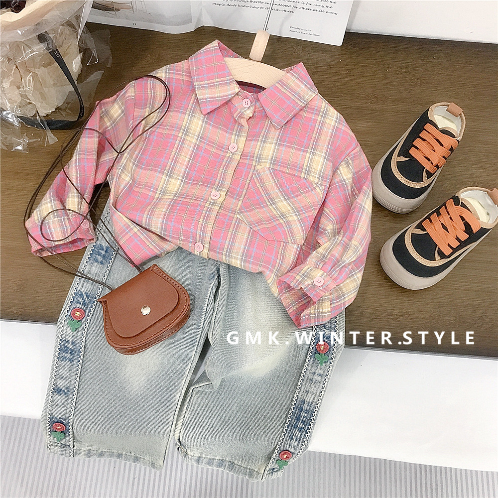 Picture of Children's fashionable pink plaid shirt spring new girls' Korean-style long-sleeved shirt baby Autumn top foreign trade