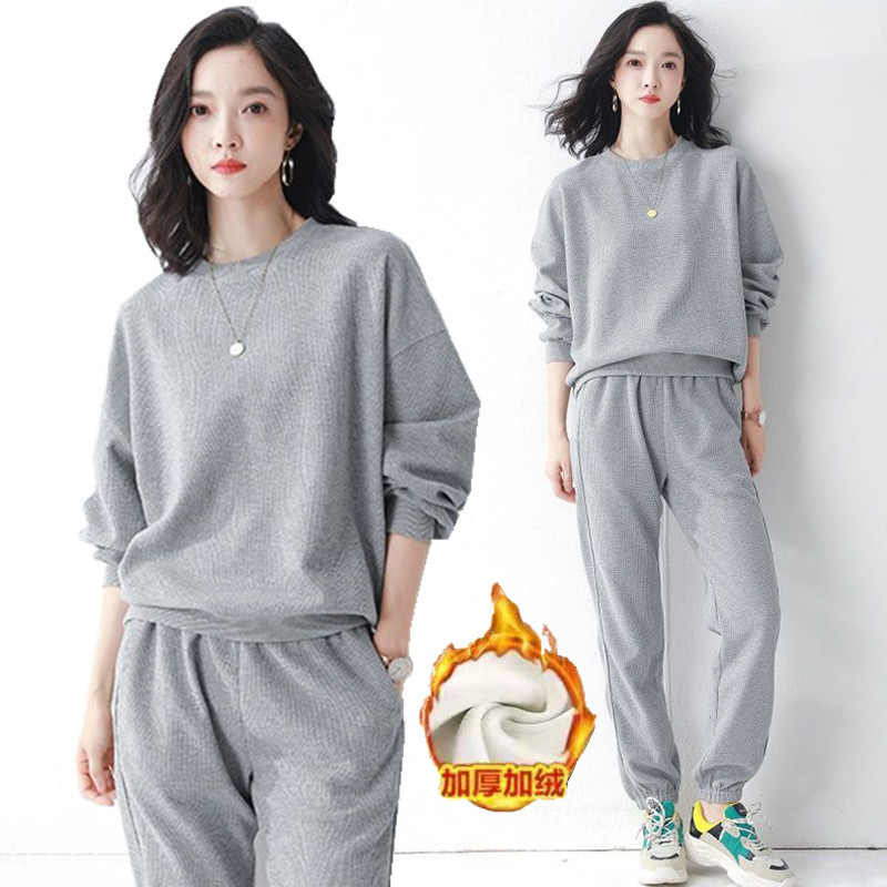 419# fleece-lined padded waffle sports suit women's autumn and winter new fashion long sleeve casual sweater two-piece set