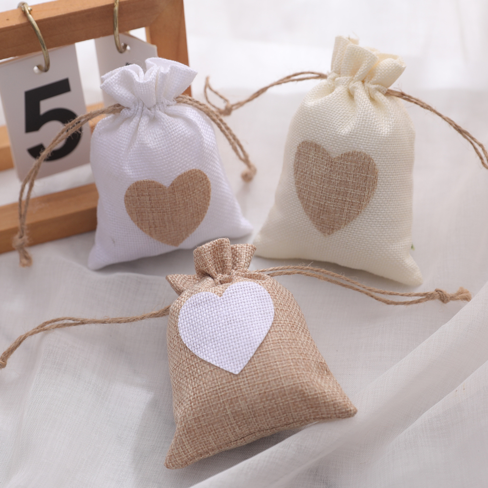 Cross-border new love drawstring small linen bag imitation linen wedding candy packaging bag gift drawstring bag