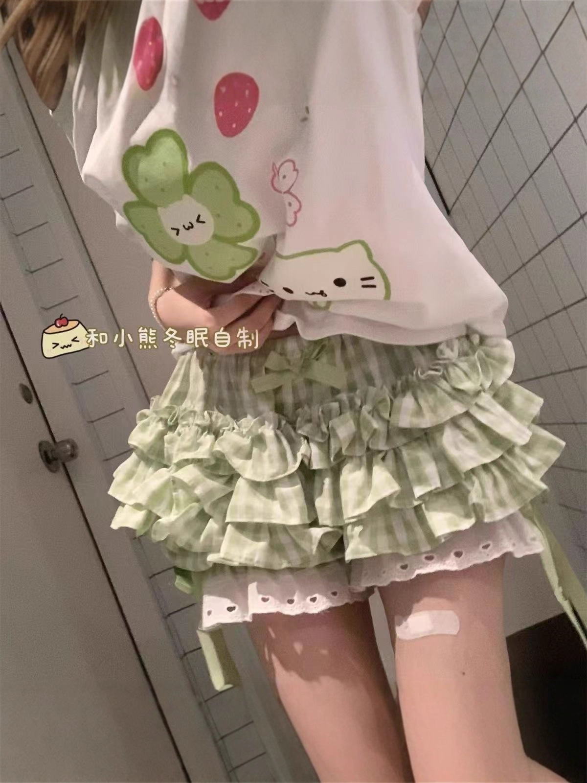 Cute and cute green-and-white plaid bow elastic and loose versatile petite 2025 summer floral puffy skirt pants