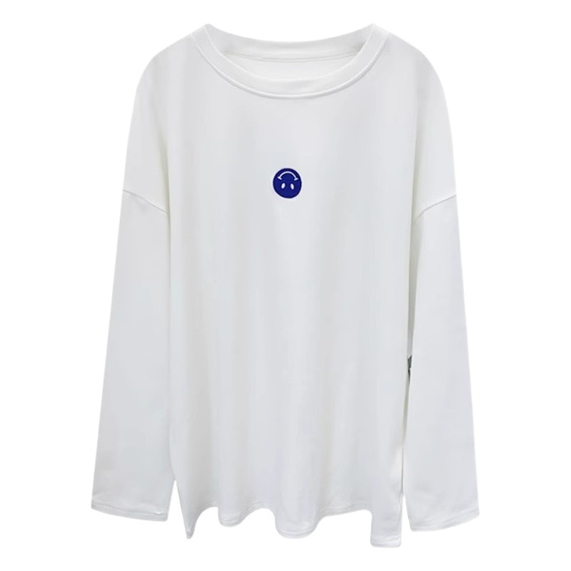Double-sided Velvet Smiley Embroidered White Warm Base Shirt Women's Spring and Autumn Velvet Thickened Loose Round Neck Long-sleeved T-shirt