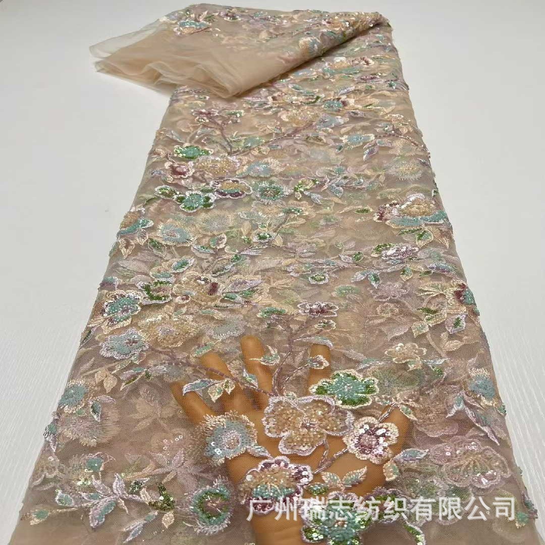 Bead tube embroidery wedding dress Dai clothing fabric European and American foreign trade sequin lace embroidered fabric lace fabric