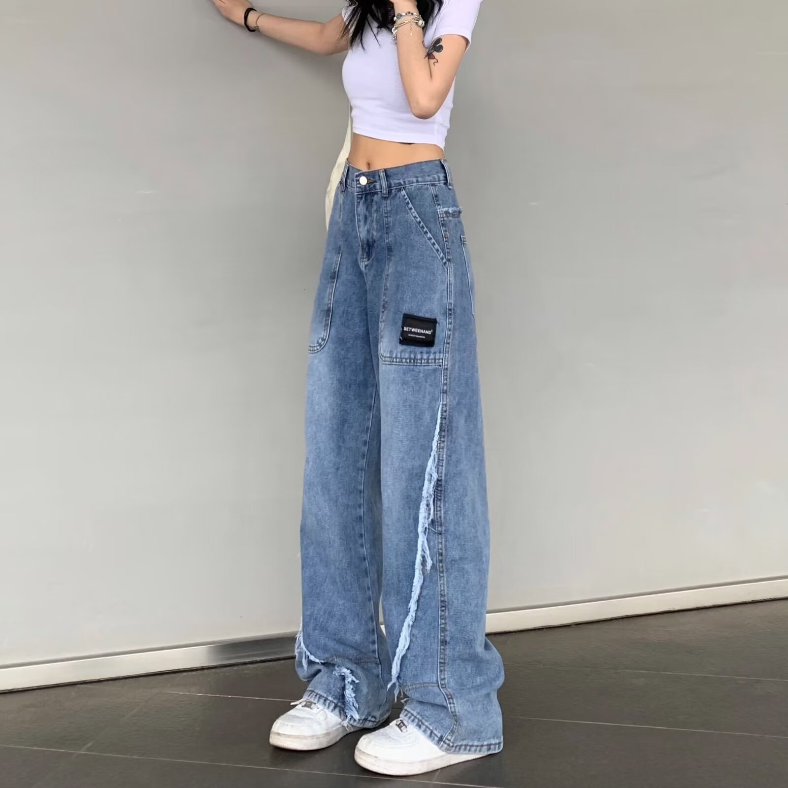 Design Sense Burr Edge Jeans Women's Spring New Niche High Waist Straight Trousers Loose Slimming Wide Leg Trendy Pants