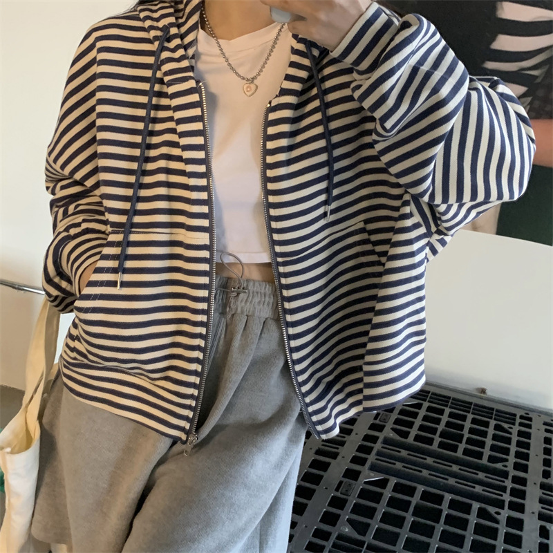 Picture of Striped Hooded short sweater coat for women 2023 new winter Korean style loose zipper long sleeve top spring and autumn fashion