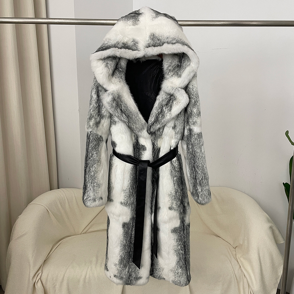 Real Rabbit Hair Natural Fur Coat Women's Winter Fashion Warm Hooded Fur Coat Women's Fur Coat
