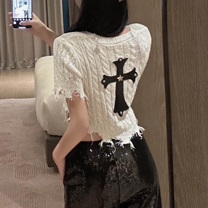 Irregular Cross Sweater for Women Summer New Slim Fit Versatile Design Raw Edge Knitted White