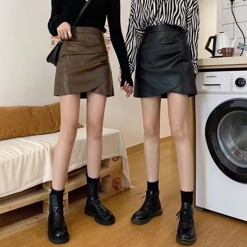 Hong Kong Style Irregular Pleated PU Leather Skirt Skirt Women's Autumn and Winter 2023 New High Waist Slim A- line Hip Skirt