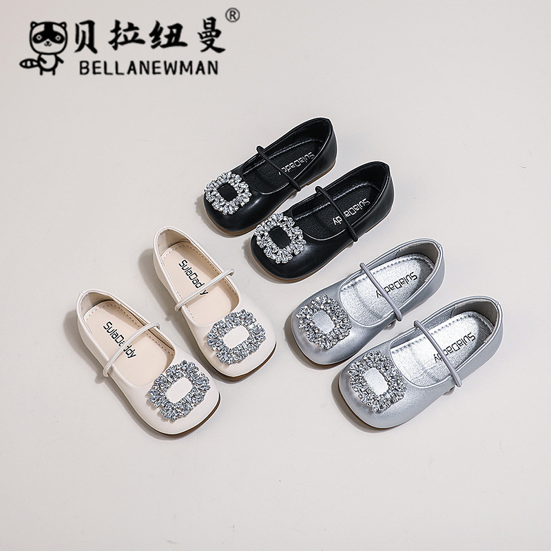 Girls' Small Leather Shoes 2025 Spring New Kidsren's French Style Square Toe Ballet Shoes Rhinestone Slip-On Soft Sole Shoes