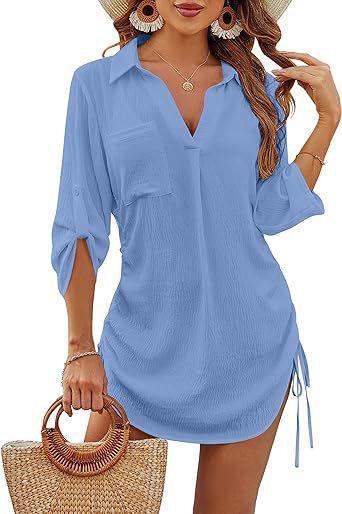 Picture of 2024 New Cross-border Amazon Independent Station Solid Color Women's Swimwear Blouse Bikini Drawstring Beach Shirt