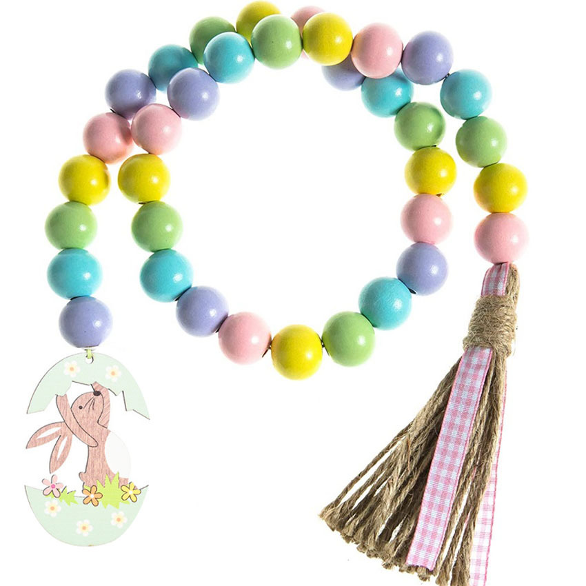 Picture of Easter Bunny Fringed Wooden Beads Garland Decoration, Amazon Farmhouse Country Village Beads Holiday Decoration