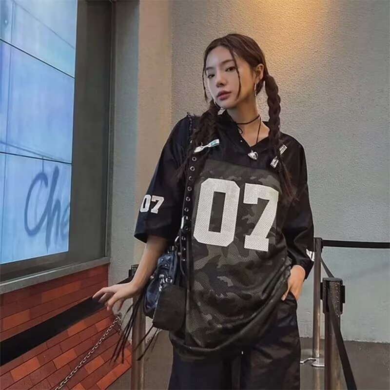 Picture of 07 Retro Hip Hop Jersey Loose Short-sleeved T-shirt Women's 2024 Summer New American Style High Street V-neck Half-sleeved Top