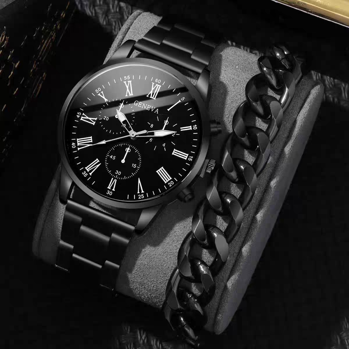 New Foreign Trade Popular Men's Three-Eye Business Casual Fashion Trend Belt Quartz Watch Plus Titanium Steel Bracelet