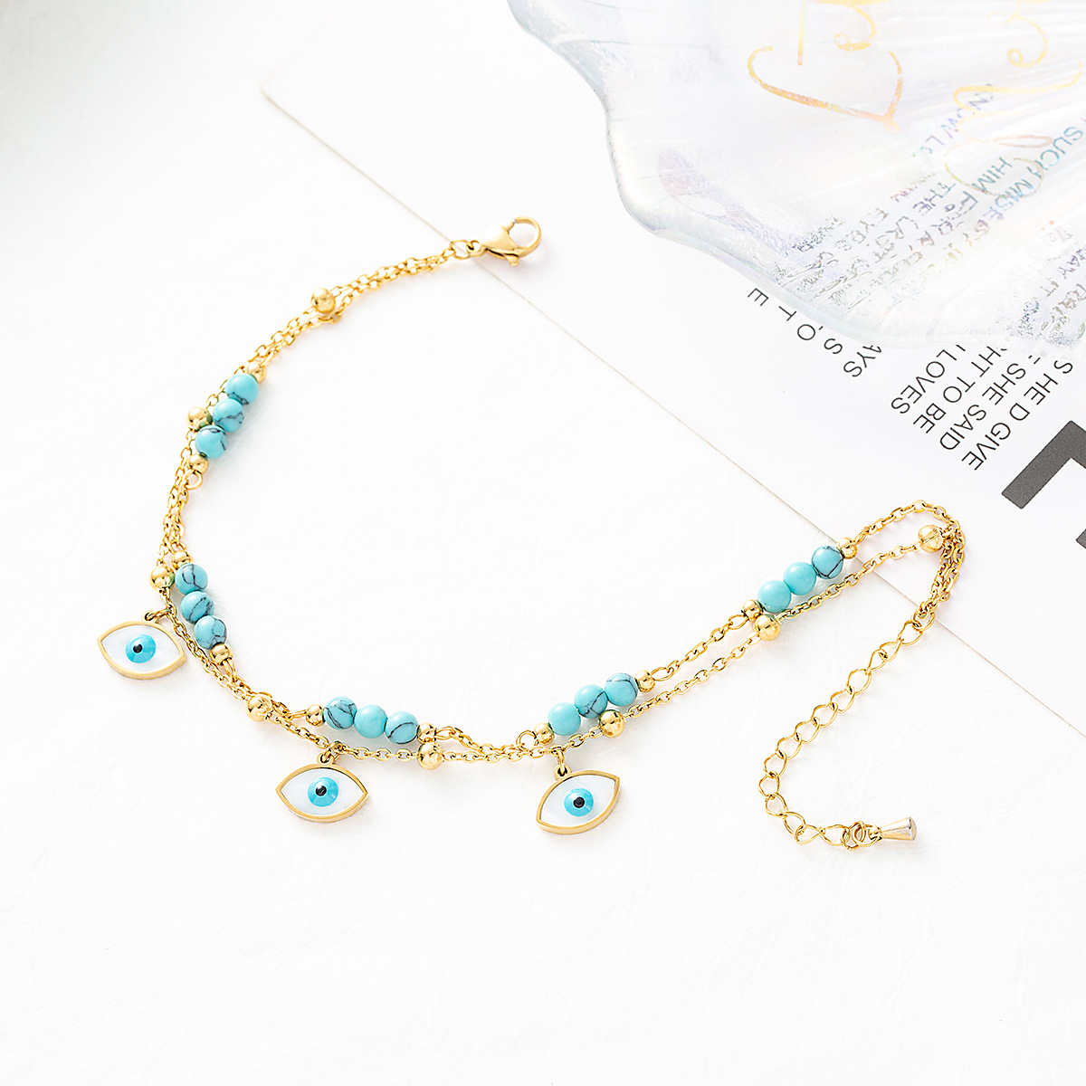 Picture of Europe and the United States cross-border exclusive for all-eye eyes ladies anklets Devil's eyes multi-layer turquoise titanium steel plated 18K gold