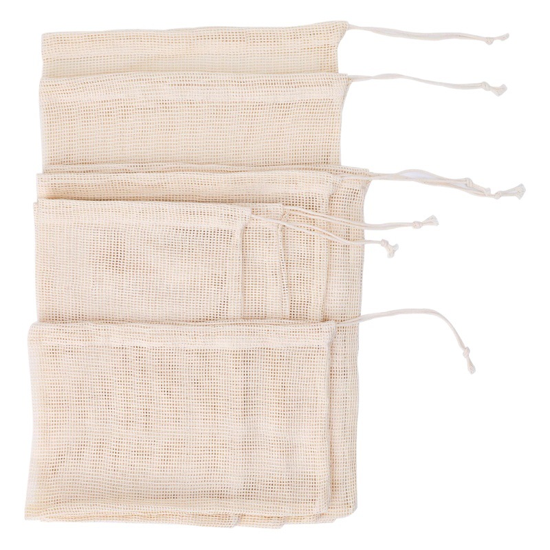 Cross-border Hot-selling Eco-friendly All Cotton Fruit Drawstring Mesh Bag Vegetable Storage Net Pocket Packaging Bag Supermarket Shopping Bag